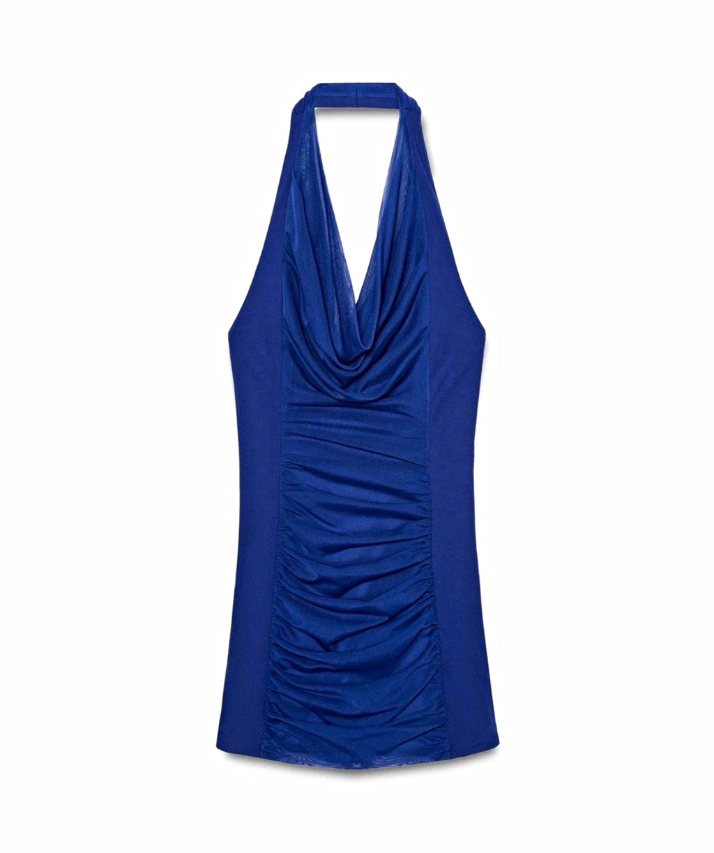 ZARA Women’s Blue Halter Ruched Mesh Bodycon Mini Dress Zip Size XS 4661/324/430