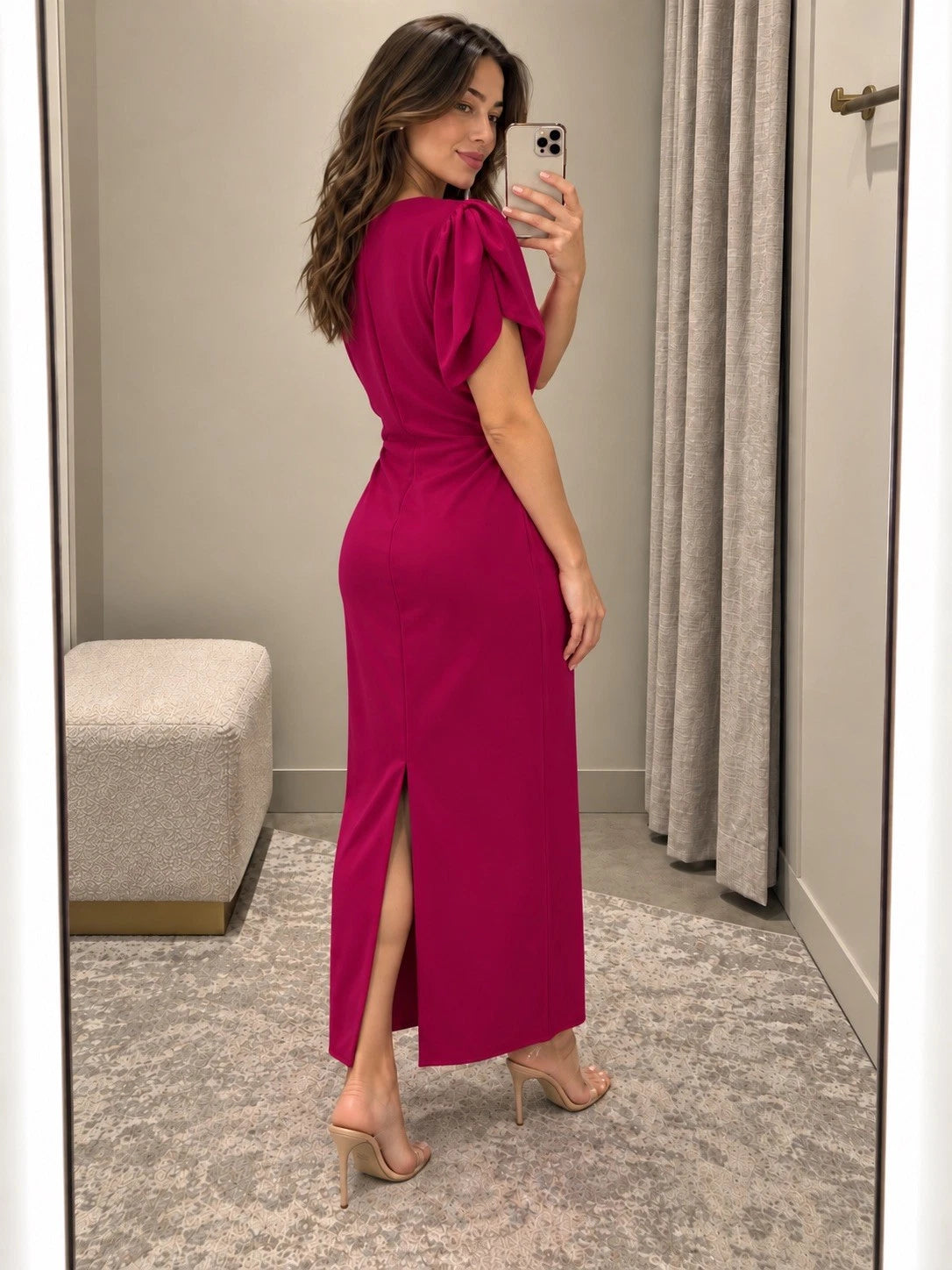ZARA Pink V-Neck Puff Sleeve Sheath Long Dress XS Polyester 0387/053/940