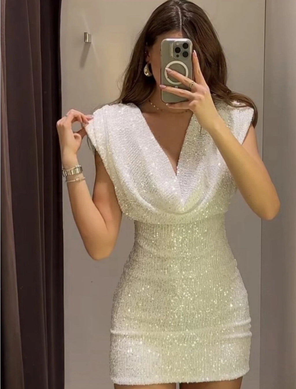 ZARA Sequin Cowl Neck Puff Sleeve Mini Dress White Size XS 4772/358/250