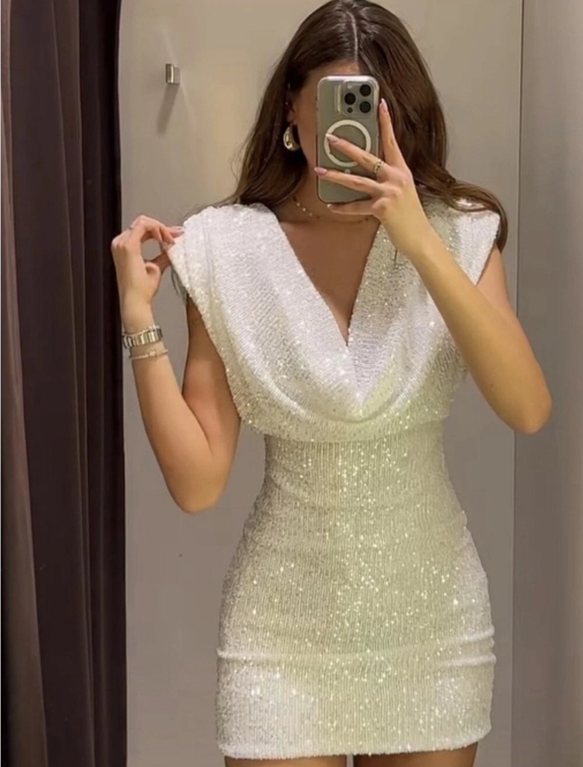 ZARA Sequin Cowl Neck Puff Sleeve Mini Dress White Size XS 4772/358/250