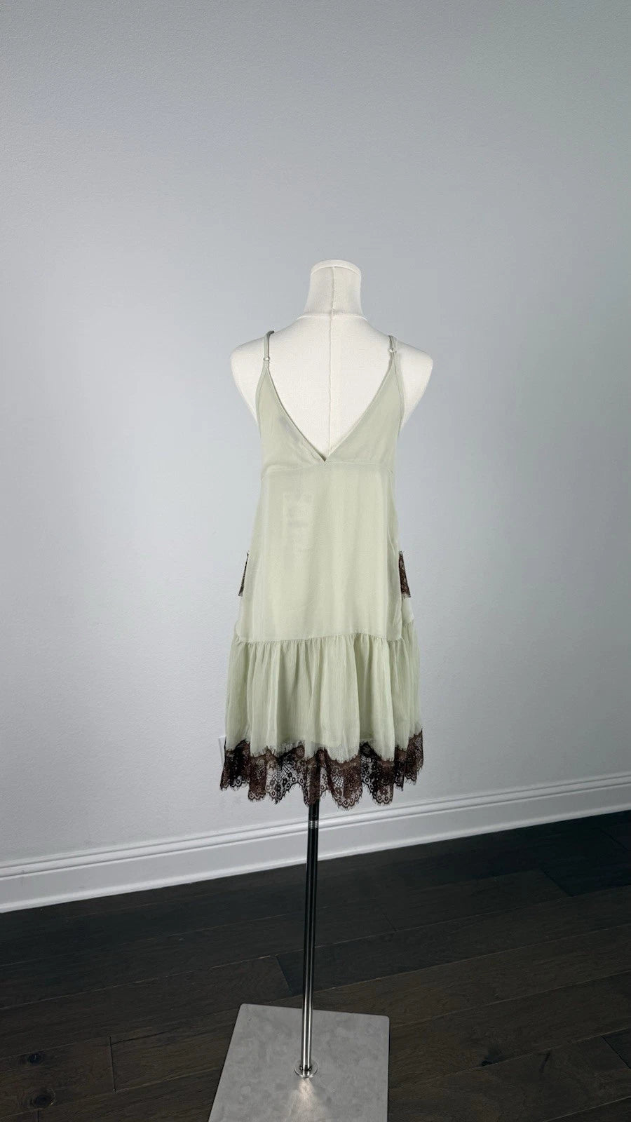 ZARA Green Slip Mini Dress Brown Lace Trim V-Neck Adjustable Straps Size S