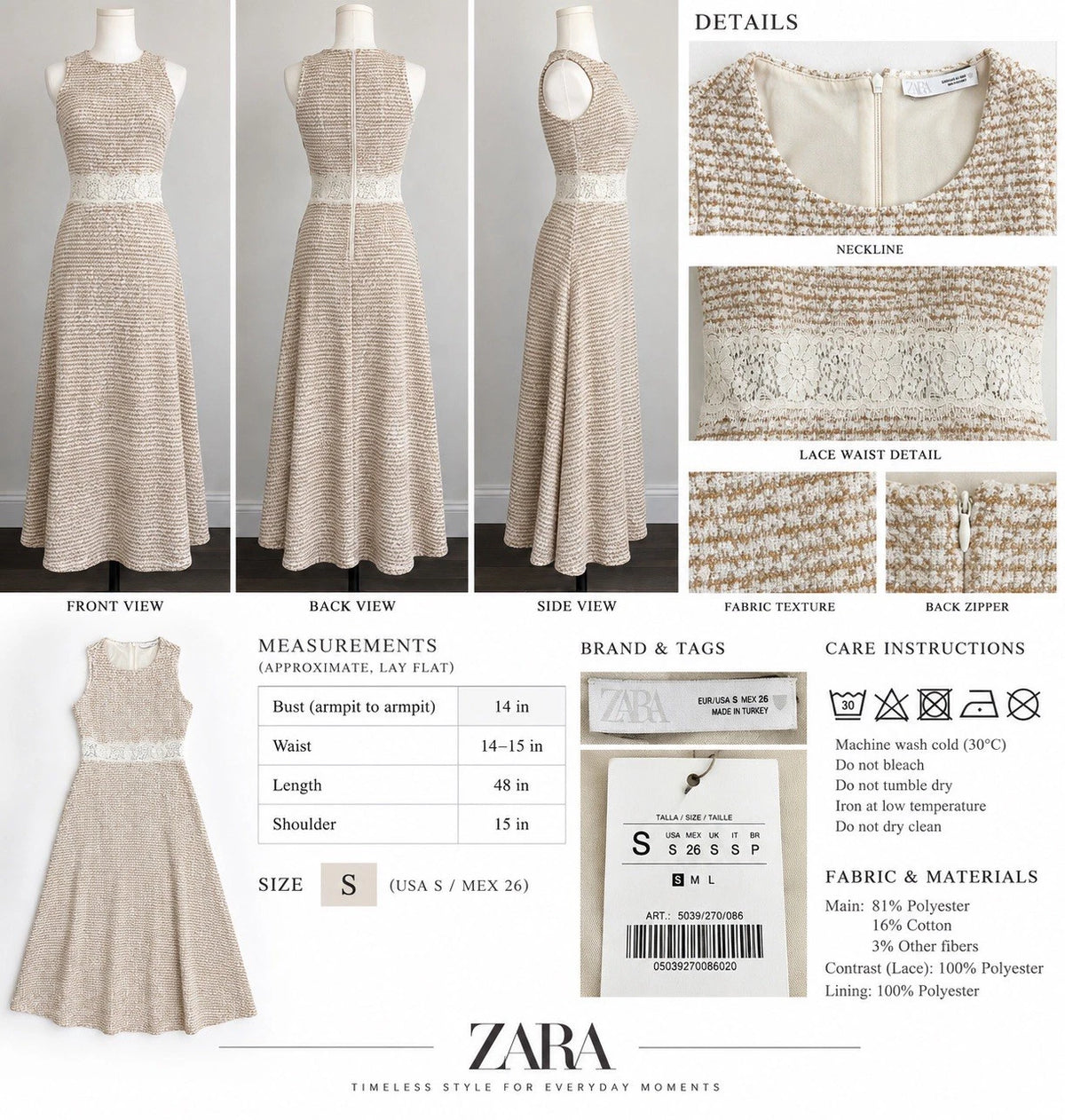 ZARA Beige White Textured Knit Lace Lined Midi Dress Sleeveless S