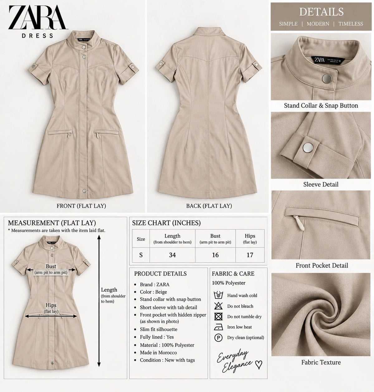 ZARA Women’s Beige Lined Collared Button Shirt Mini Dress Short Sleeve Size S