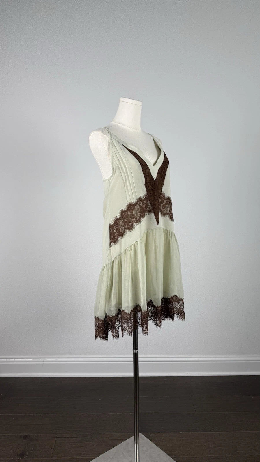 ZARA Green Slip Mini Dress Brown Lace Trim V-Neck Adjustable Straps Size S