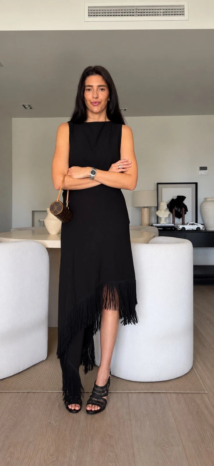 ZARA Black Asymmetric Fringe Open Back Knit Midi Dress Size XS 1758/042/800