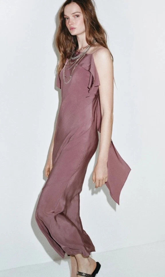ZARA Women’s Mauve One-Shoulder Ruffle Satin Maxi Dress Open Back Size S&M