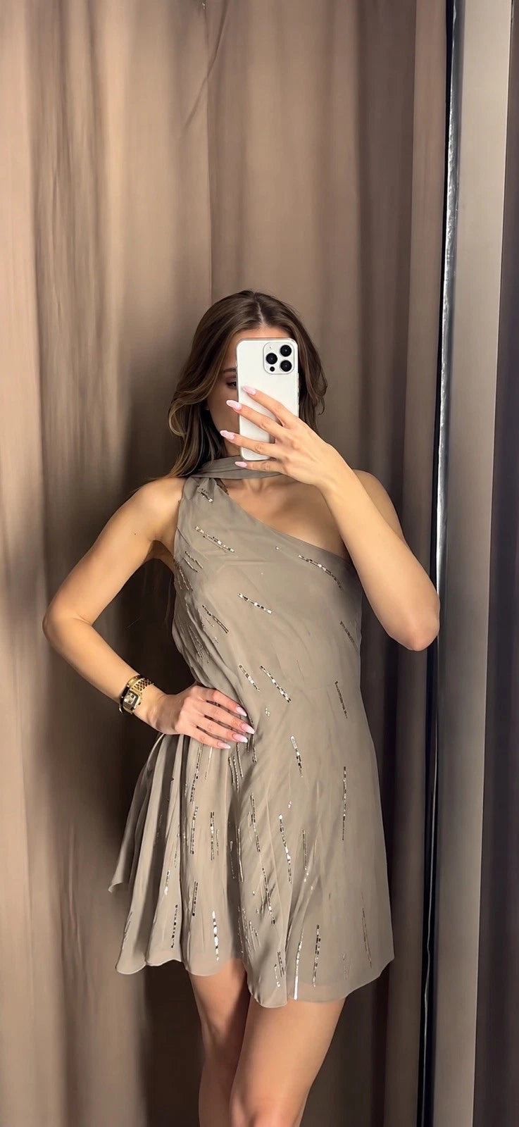 ZARA Sequin Chiffon One Shoulder Scarf Neck Dress Taupe Size M NWT