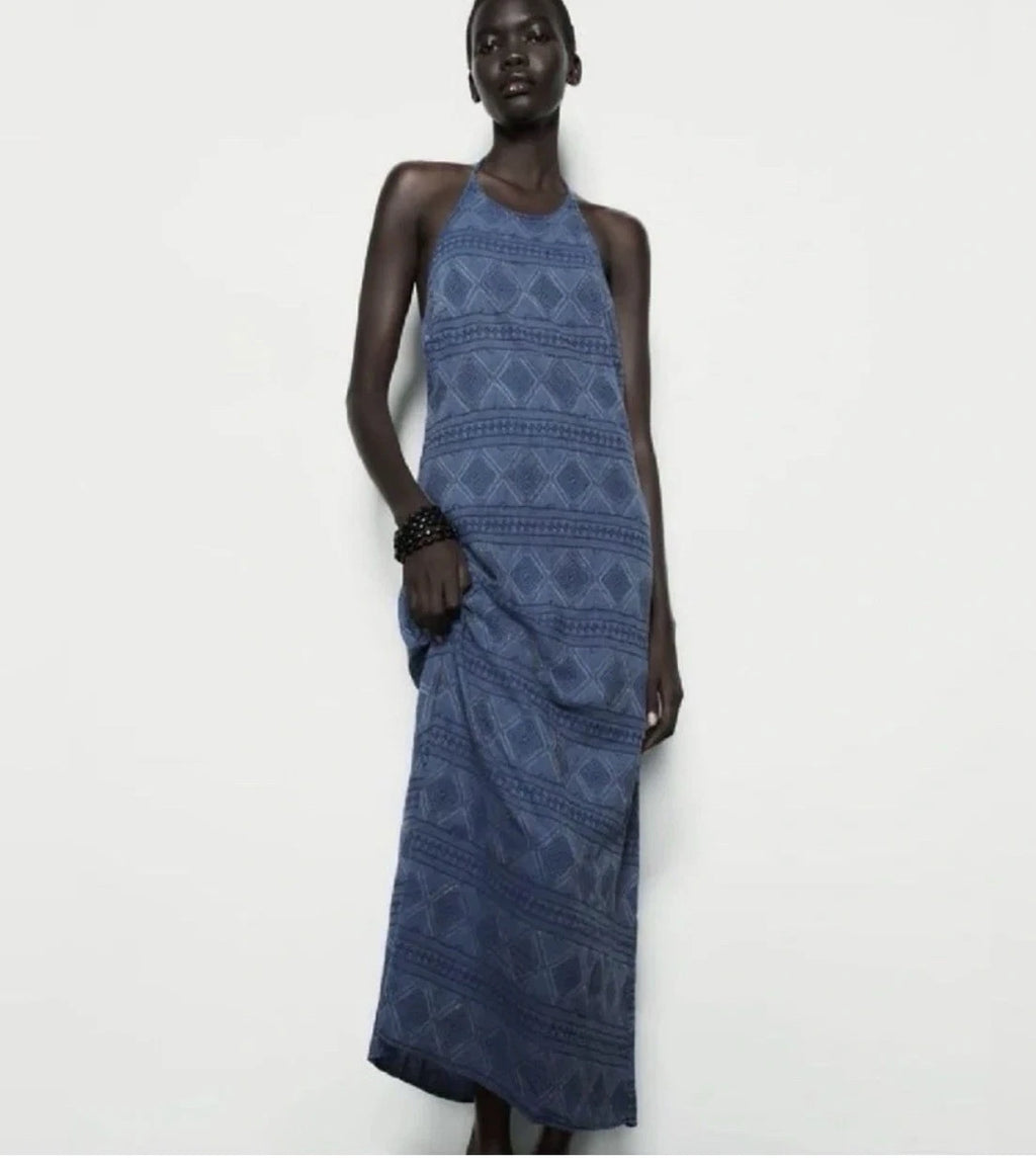 ZARA Blue Beaded Halter Maxi Dress XS Open Back Boho Embroidered Tassel