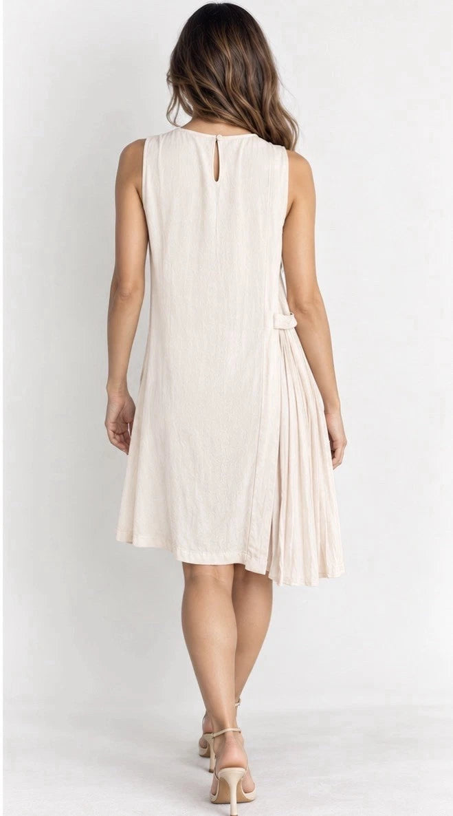 MANGO London Women’s Sleeveless Pleated Side Dress – Size S – Ivory/Cream