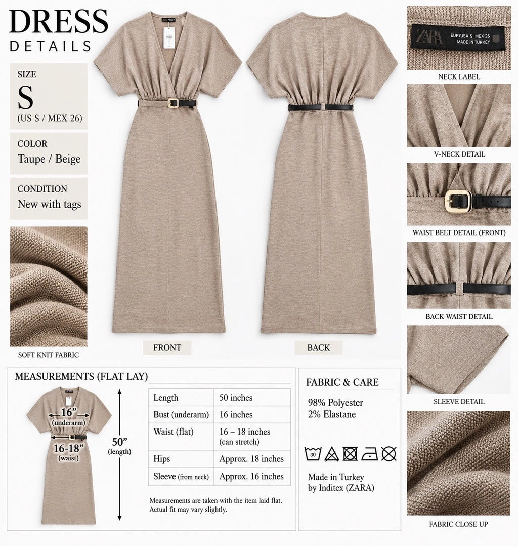 ZARA Beige Solid V-Neck Belted Buckle Kimono Short Sleeve Maxi Dress Size S