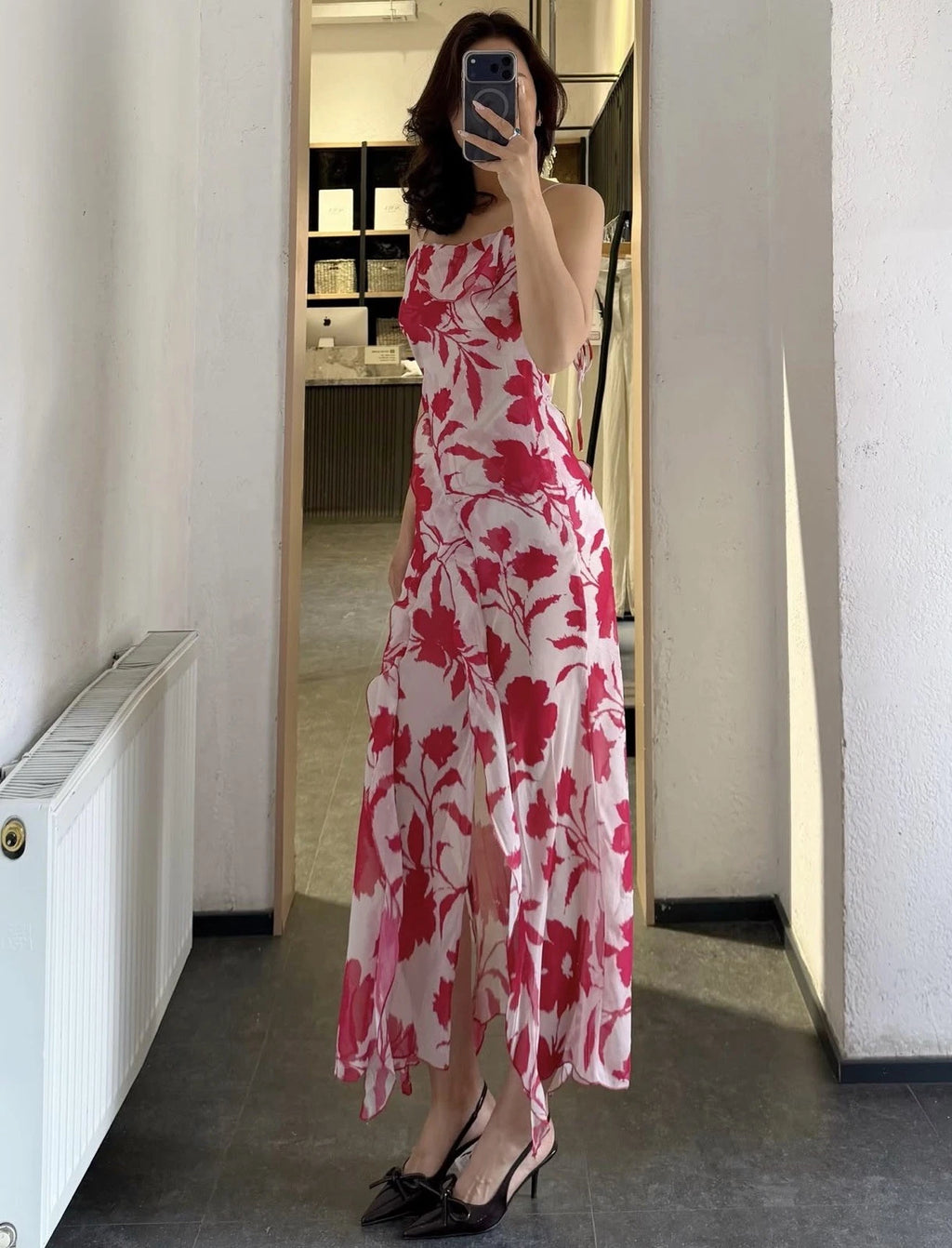 ZARA White Red Floral Chiffon Maxi Dress Square Neck Ruffle Back Tie Size S