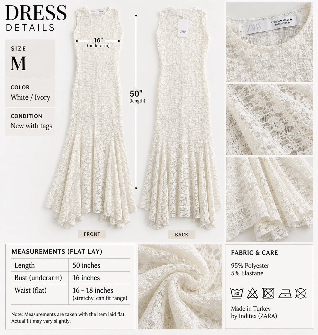 ZARA White/Ivory Floral Lace Sleeveless Long Maxi Sheath Dress Zip Size M