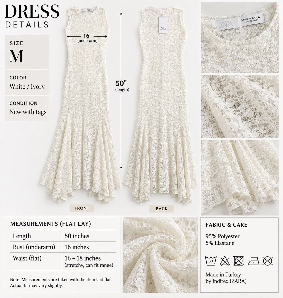 ZARA White/Ivory Floral Lace Sleeveless Long Maxi Sheath Dress Zip Size M