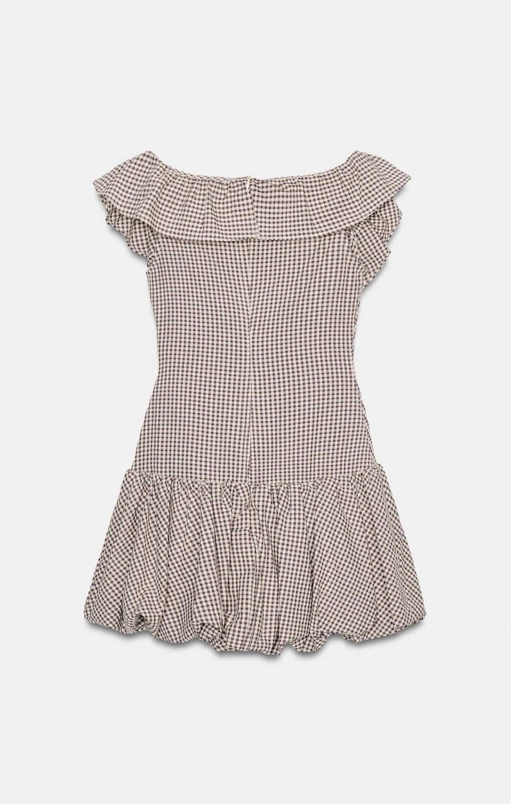 ZARA Brown/White Gingham Off Shoulder Ruffle Lined Mini Dress Size S 2180