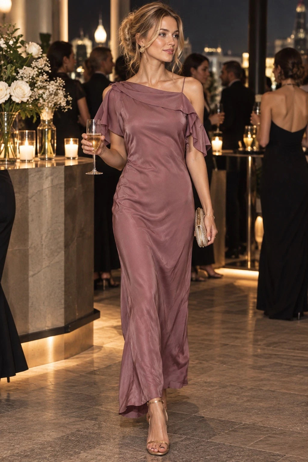 ZARA Women’s Mauve One-Shoulder Ruffle Satin Maxi Dress Open Back Size S&M
