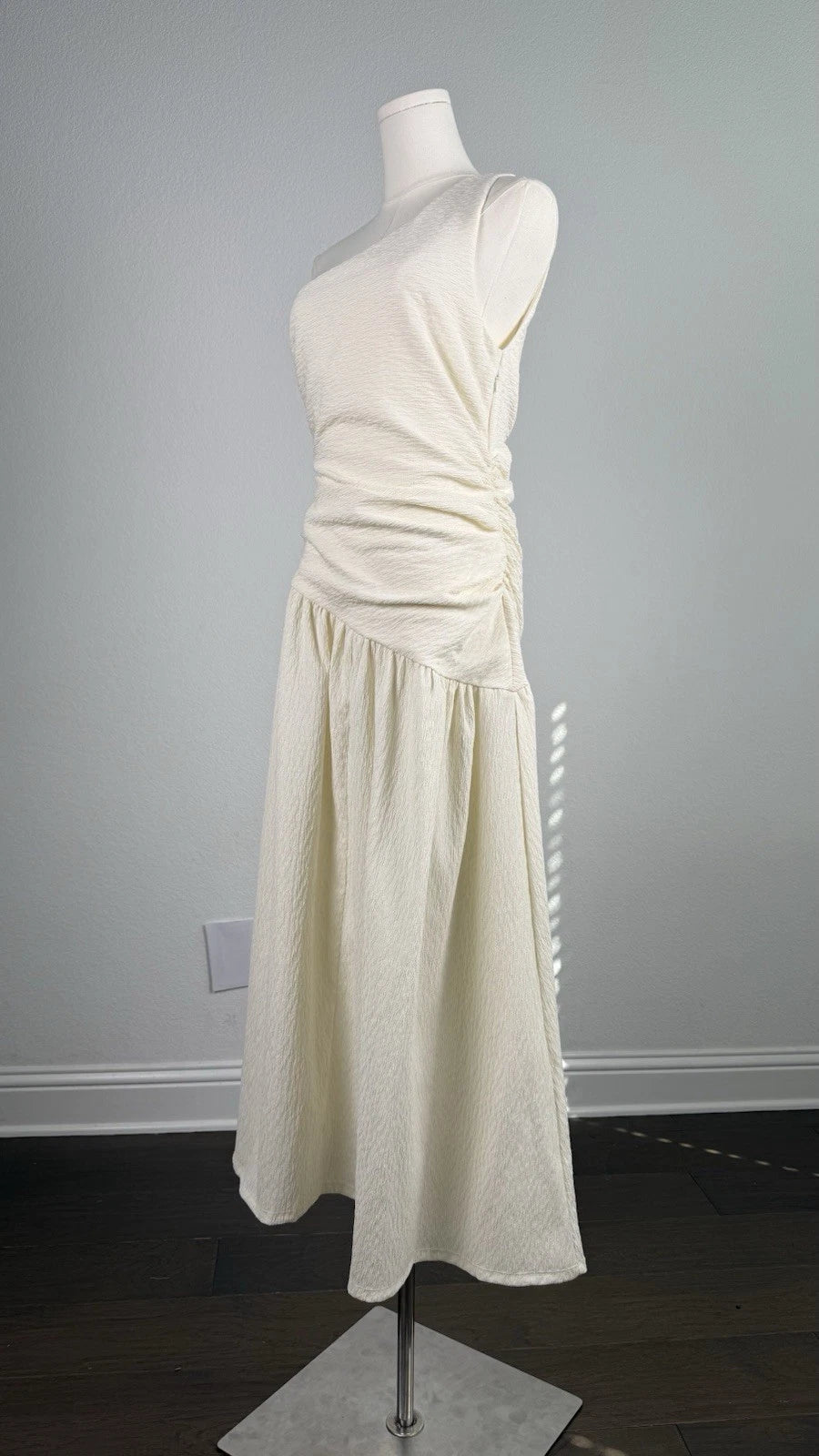 ZARA Cream One Shoulder Ruched Textured A-Line Midi Dress Size S/M NWT