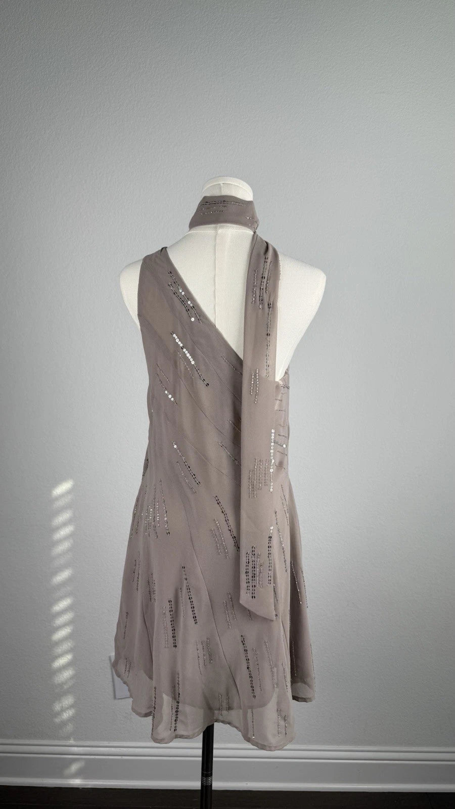 ZARA Sequin Chiffon One Shoulder Scarf Neck Dress Taupe Size M NWT