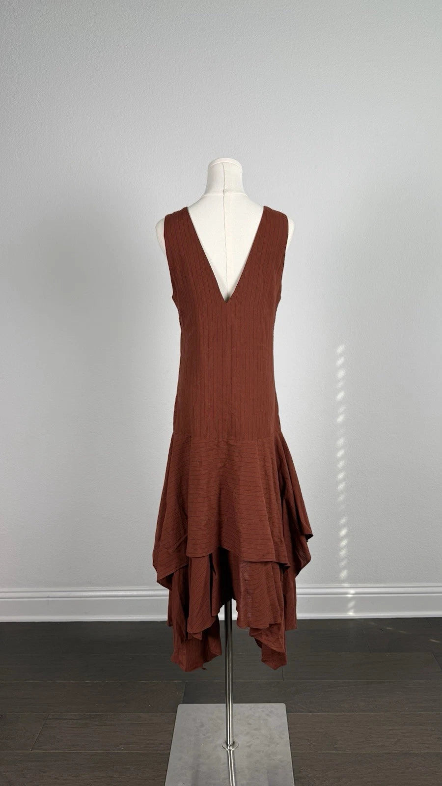 ZARA Brown Striped V-Neck Sleeveless Layered Hem Midi Dress Viscose Size S