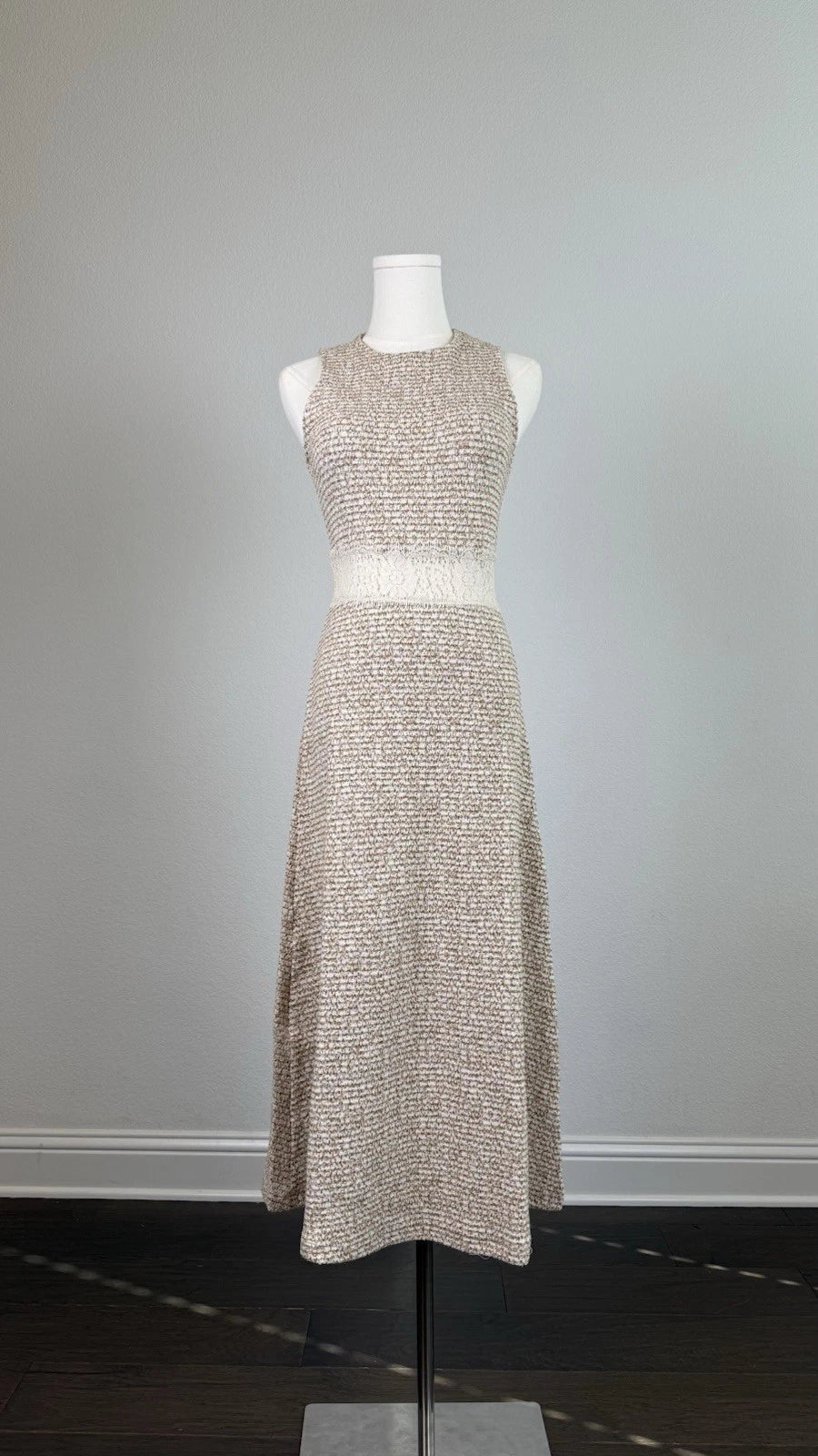 ZARA Beige White Textured Knit Lace Lined Midi Dress Sleeveless S