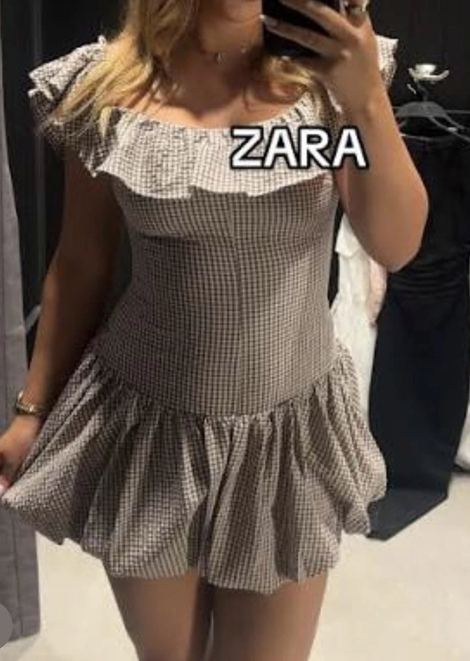 ZARA Brown/White Gingham Off Shoulder Ruffle Lined Mini Dress Size S 2180