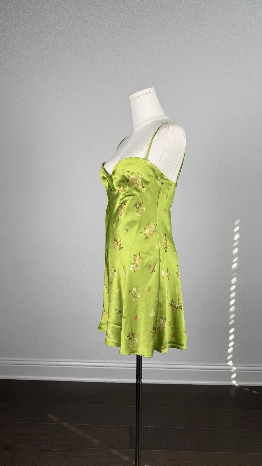 ZARA Green Floral Satin Slip Gown Dress M Sweetheart Neckline Lined Zip