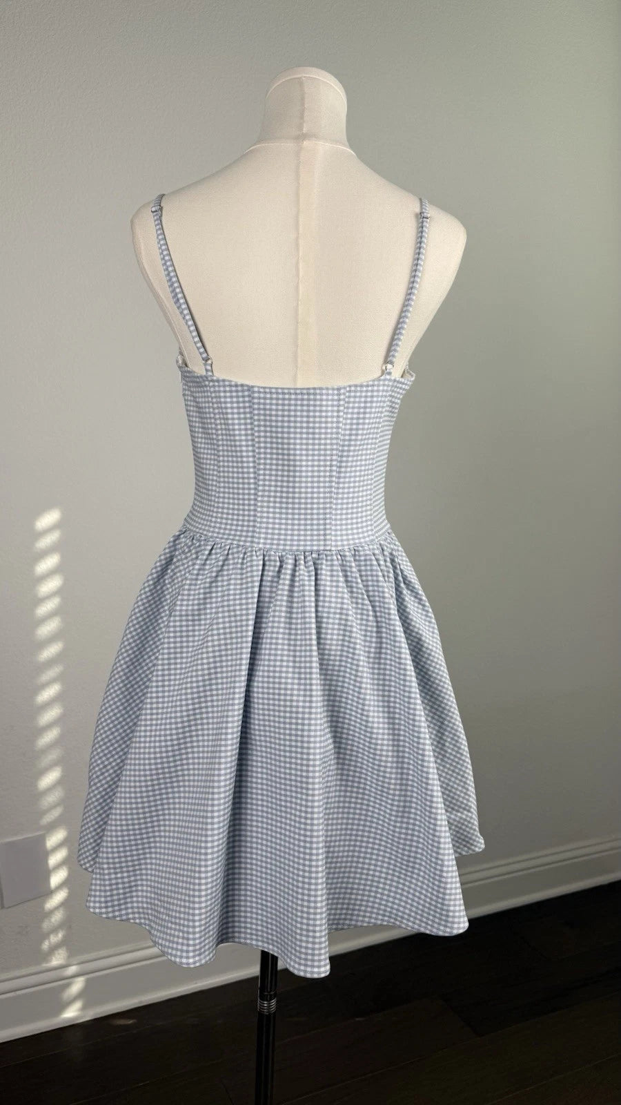 ZARA Blue White Gingham Square Neck Spaghetti Strap Mini Dress Size M