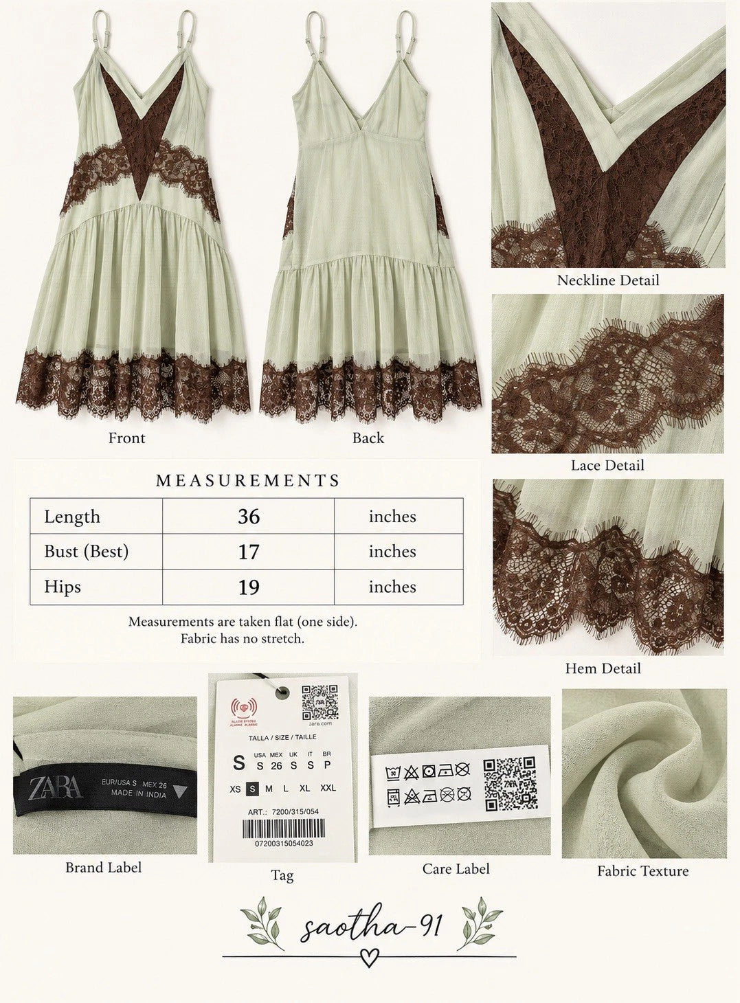 ZARA Green Slip Mini Dress Brown Lace Trim V-Neck Adjustable Straps Size S