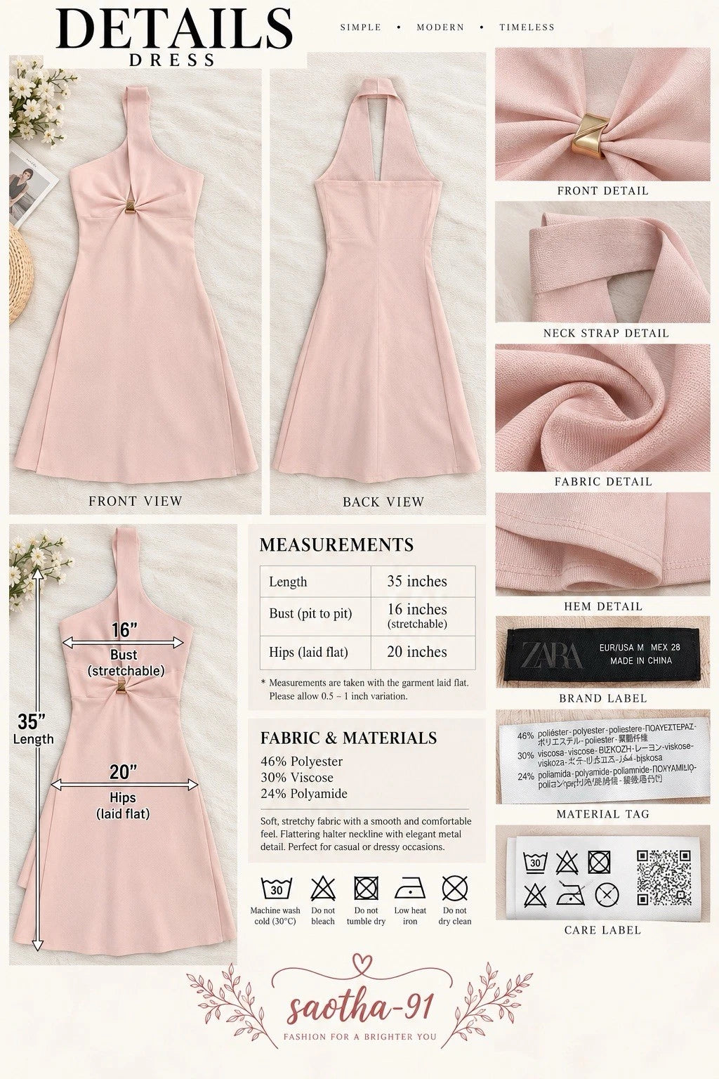 ZARA Pink Halter Open Back Knit A-Line Mini Dress Metal Accent Size M