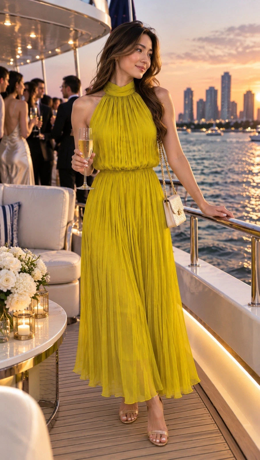 ZARA Yellow Pleated Halter Maxi Dress Bow Tie Chiffon Polyester Size S