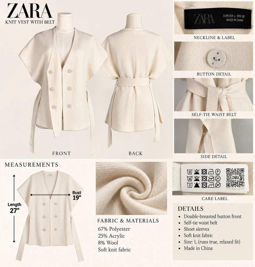 ZARA Women's Ivory Knit V-Neck Belted Button Cardigan Sweater Relaxed Fit L