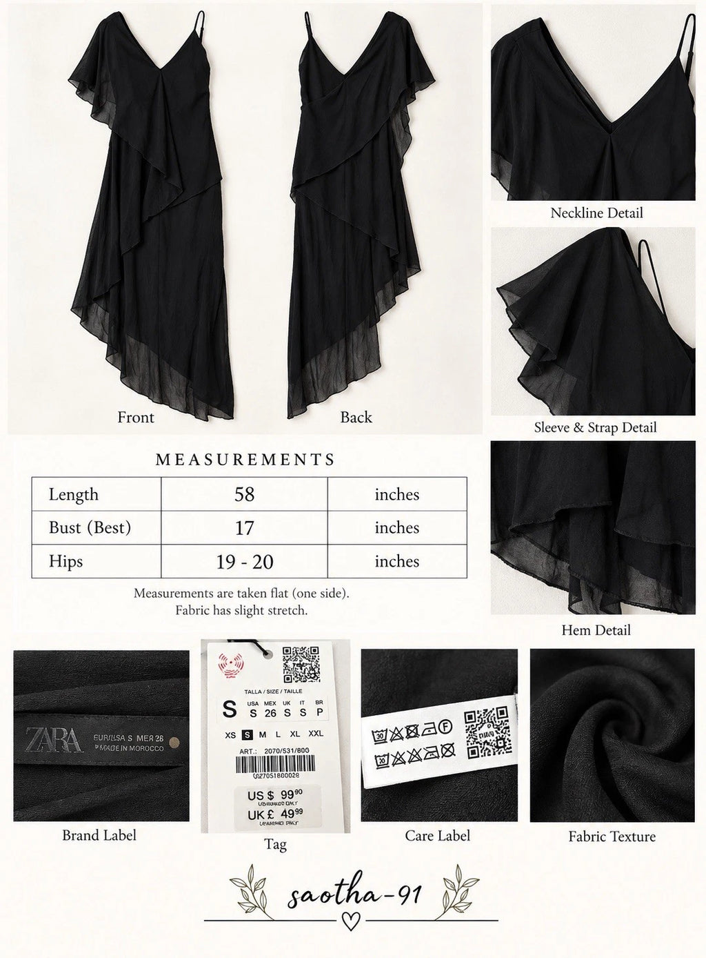 ZARA Black Chiffon One Shoulder Ruffle Asymmetrical Maxi Dress Size S