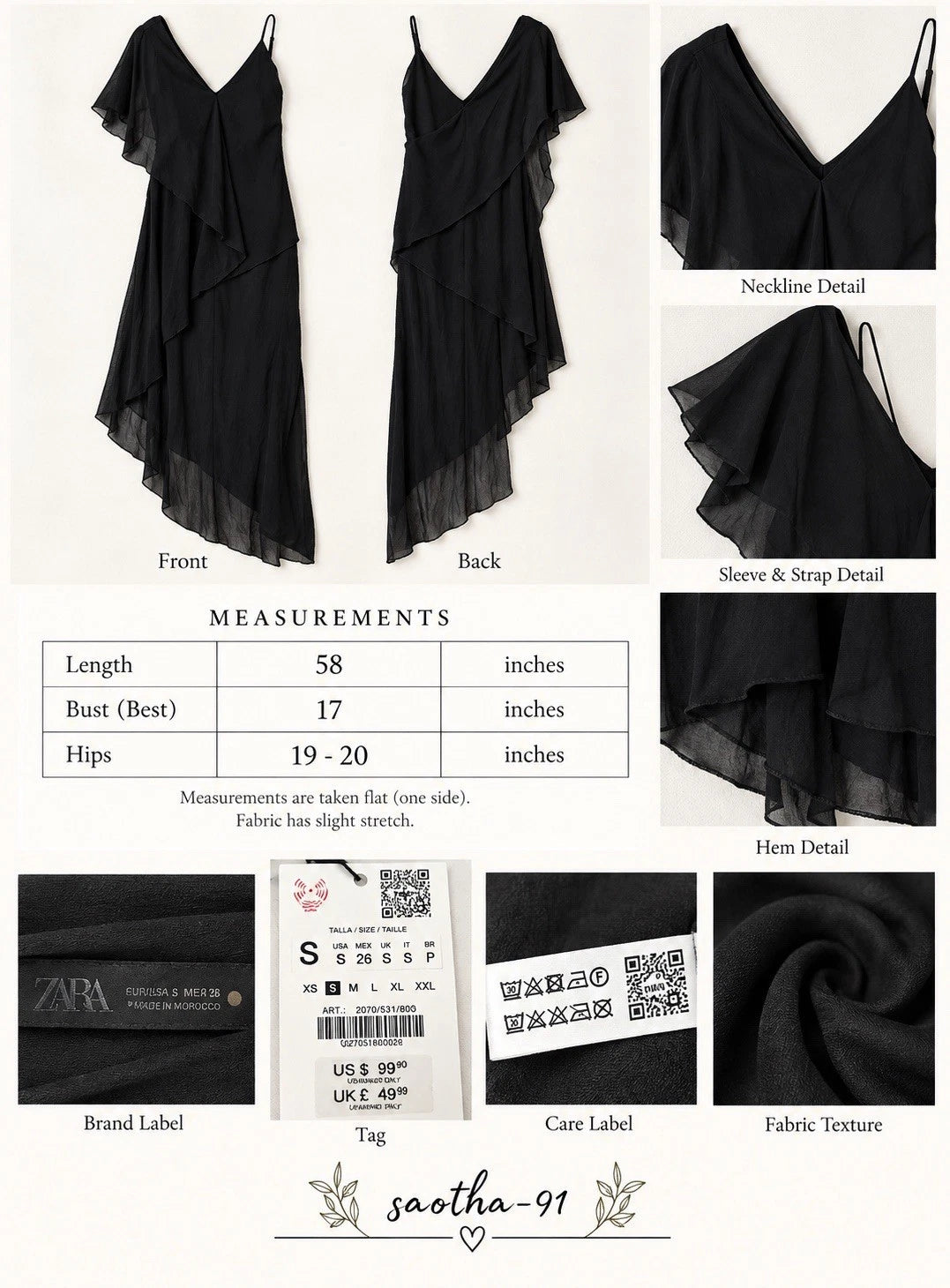 ZARA Black Chiffon One Shoulder Ruffle Asymmetrical Maxi Dress Size S