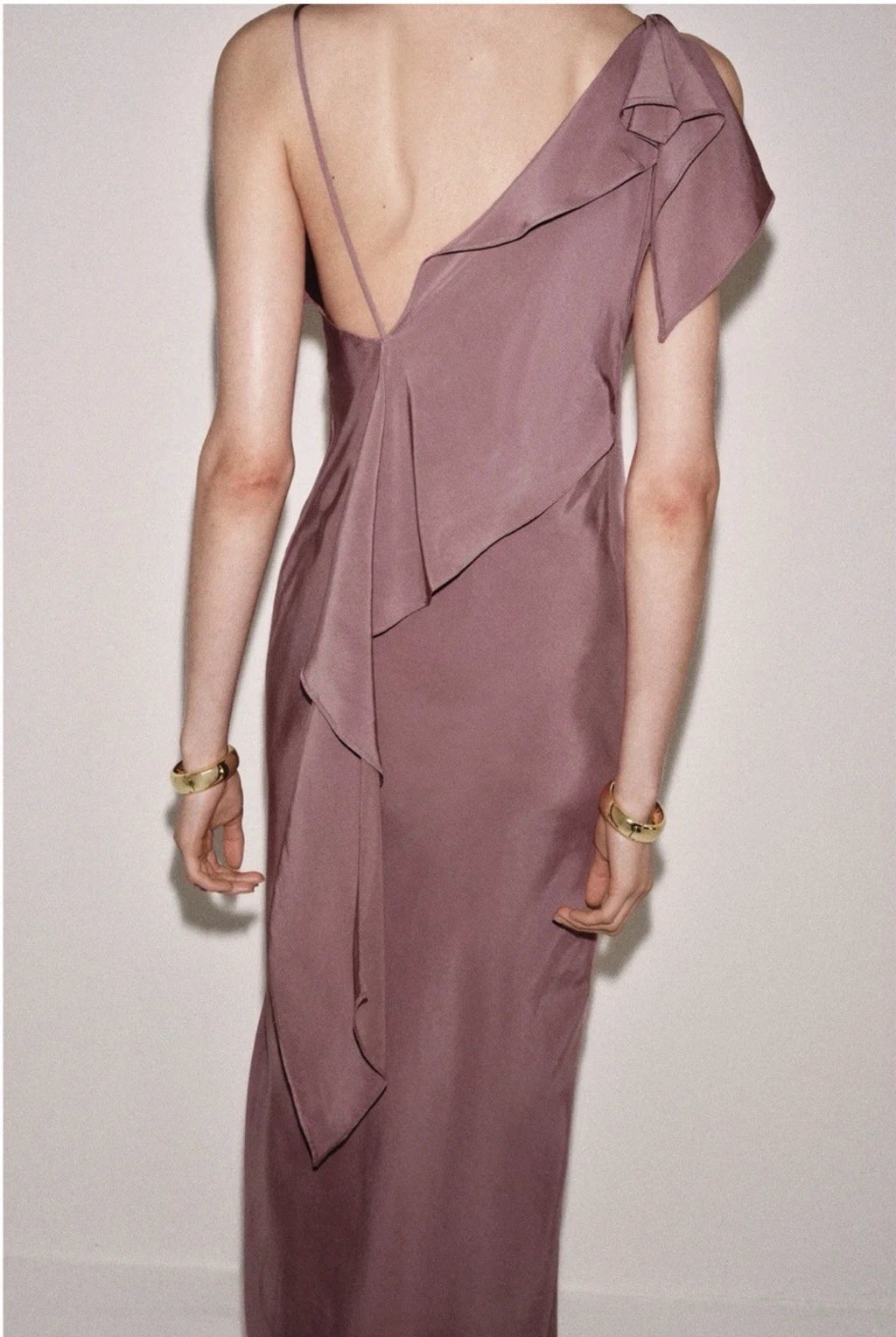 ZARA Women’s Mauve One-Shoulder Ruffle Satin Maxi Dress Open Back Size S&M