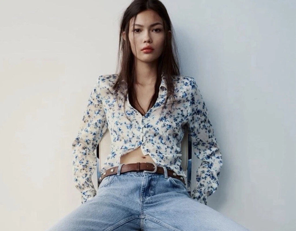 ZARA Blue White Floral Satin Fitted Shirt Blouse Size S 2580/126