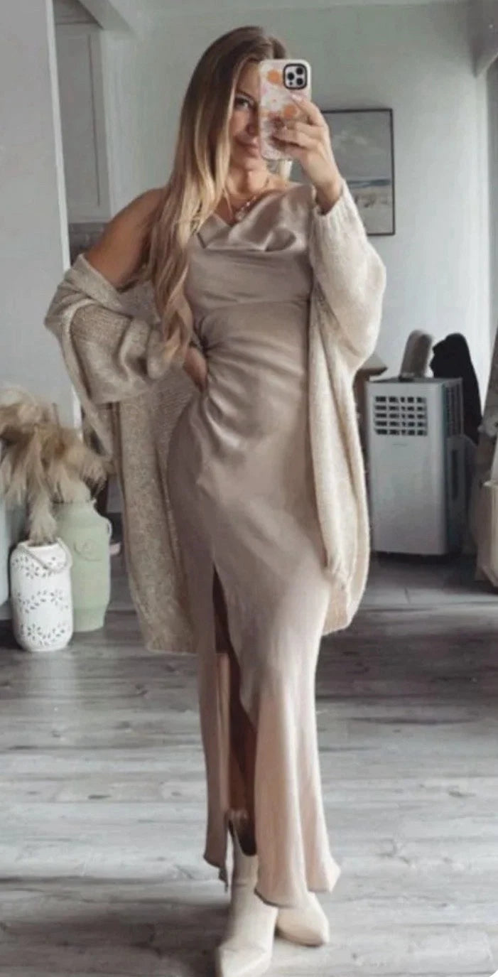 ZARA Draped Satin Midi Dress Size M Taupe Beige Cowl Neck Side Slit