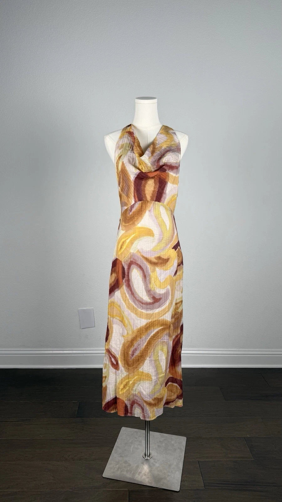 ZARA Abstract Print Cowl Neck Crochet Back Lined Maxi Dress Multicolor S