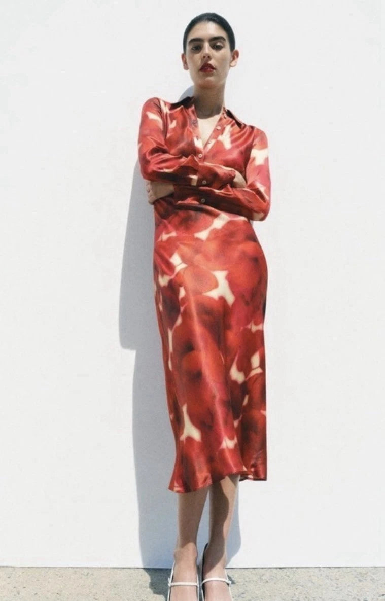 ZARA ZW Collection Red Printed Satin Midi Shirt Dress Size M NWT