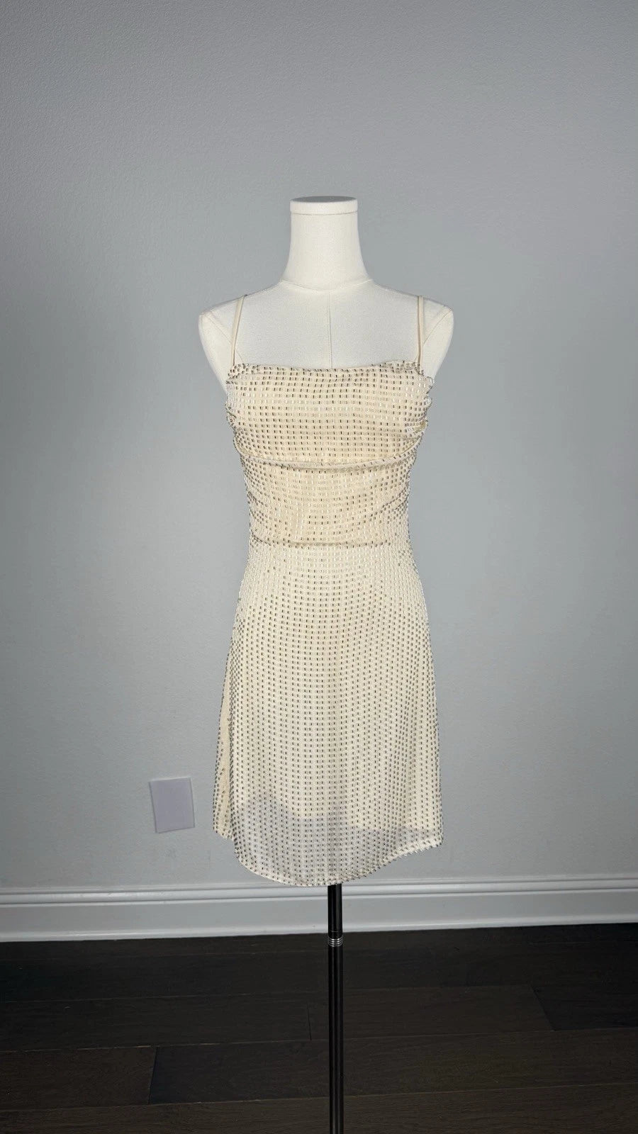ZARA Beige Satin Beaded Lined Square Neck Adjustable Strap Mini Dress Size S