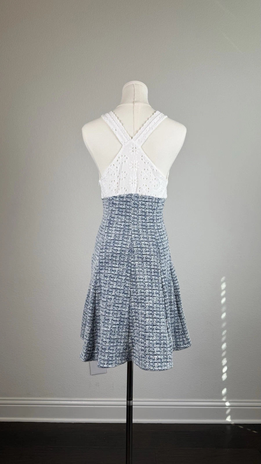 ZARA Blue/White Tweed V-Neck Sleeveless Lined Fit & Flare Mini Dress Size S