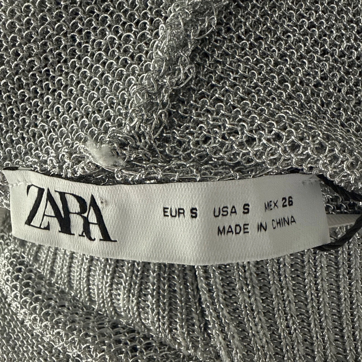 ZARA Metallic Silver Open Knit Cropped Hoodie Sweater Size S