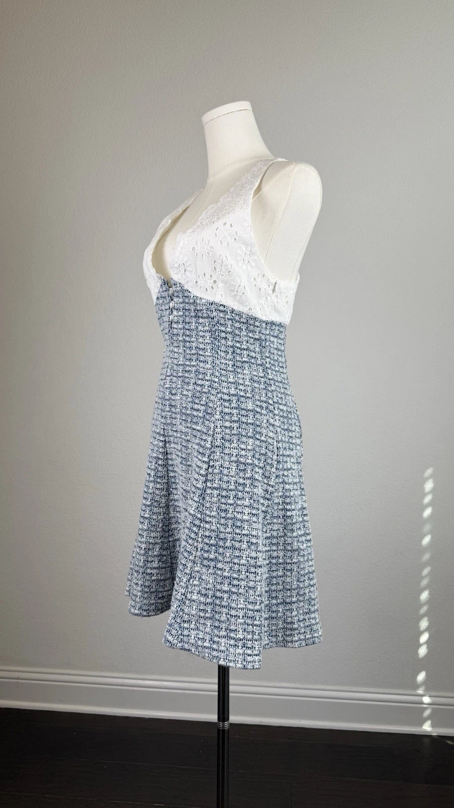 ZARA Blue/White Tweed V-Neck Sleeveless Lined Fit & Flare Mini Dress Size S