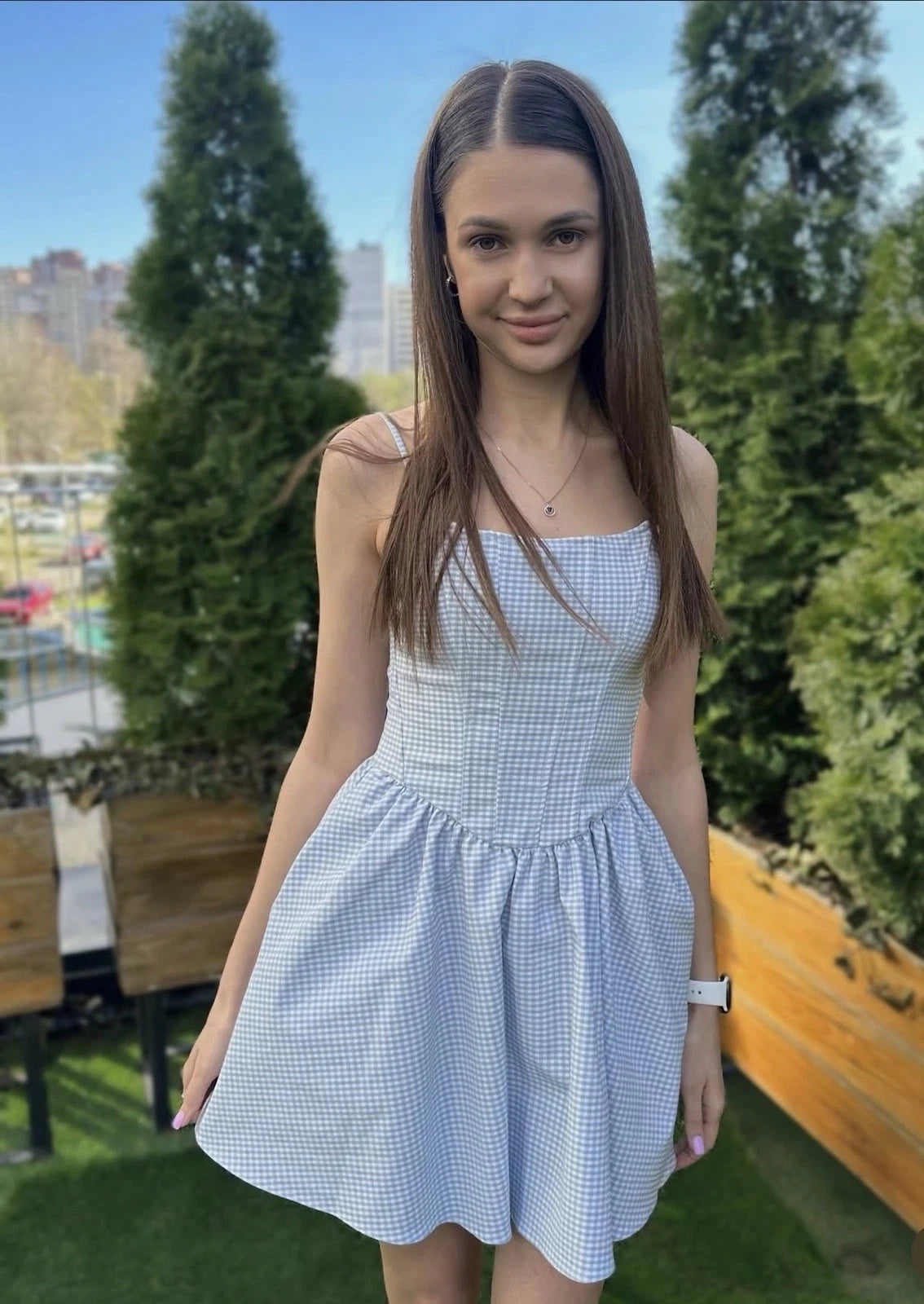 ZARA Blue White Gingham Square Neck Spaghetti Strap Mini Dress Size M