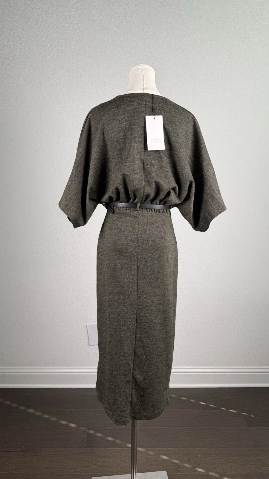 ZARA Green Knit V-Neck Belted Long Sheath Dress Stretch Size S