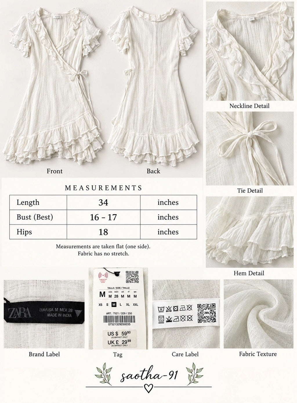 ZARA White Solid Wrap Mini Dress Ruffle Flutter Sleeve Size M