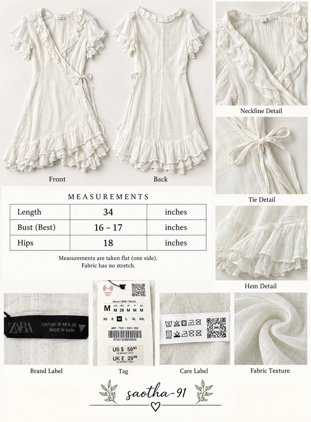 ZARA White Solid Wrap Mini Dress Ruffle Flutter Sleeve Size M