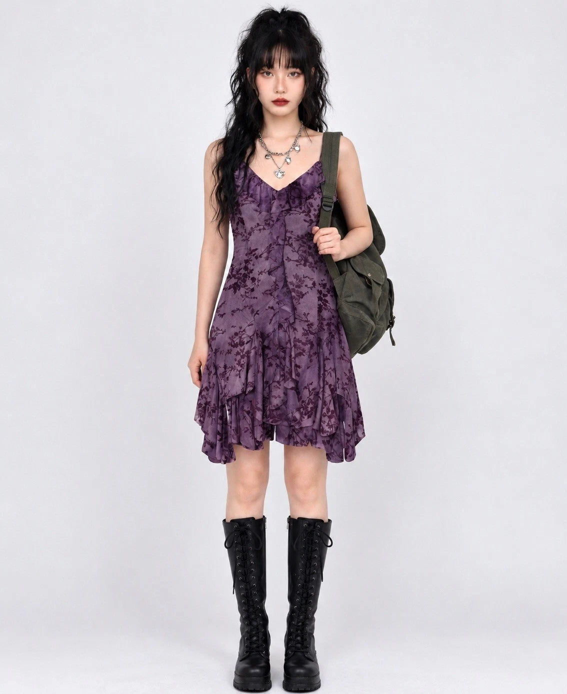 ZARA Purple Floral Ruffle Mesh Midi Dress V-Neck Lined Stretch Zip Size M