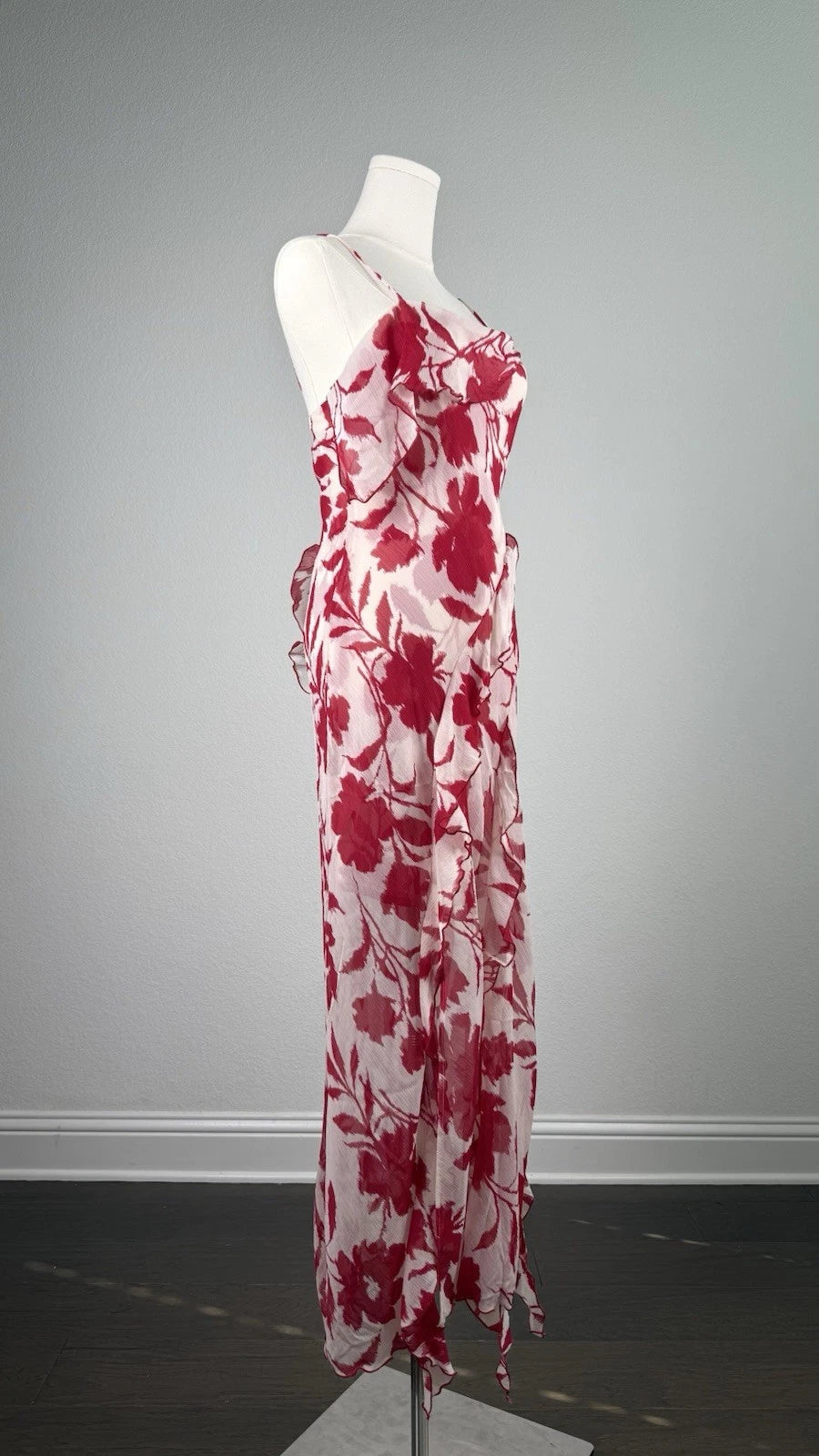 ZARA White Red Floral Chiffon Maxi Dress Square Neck Ruffle Back Tie Size S