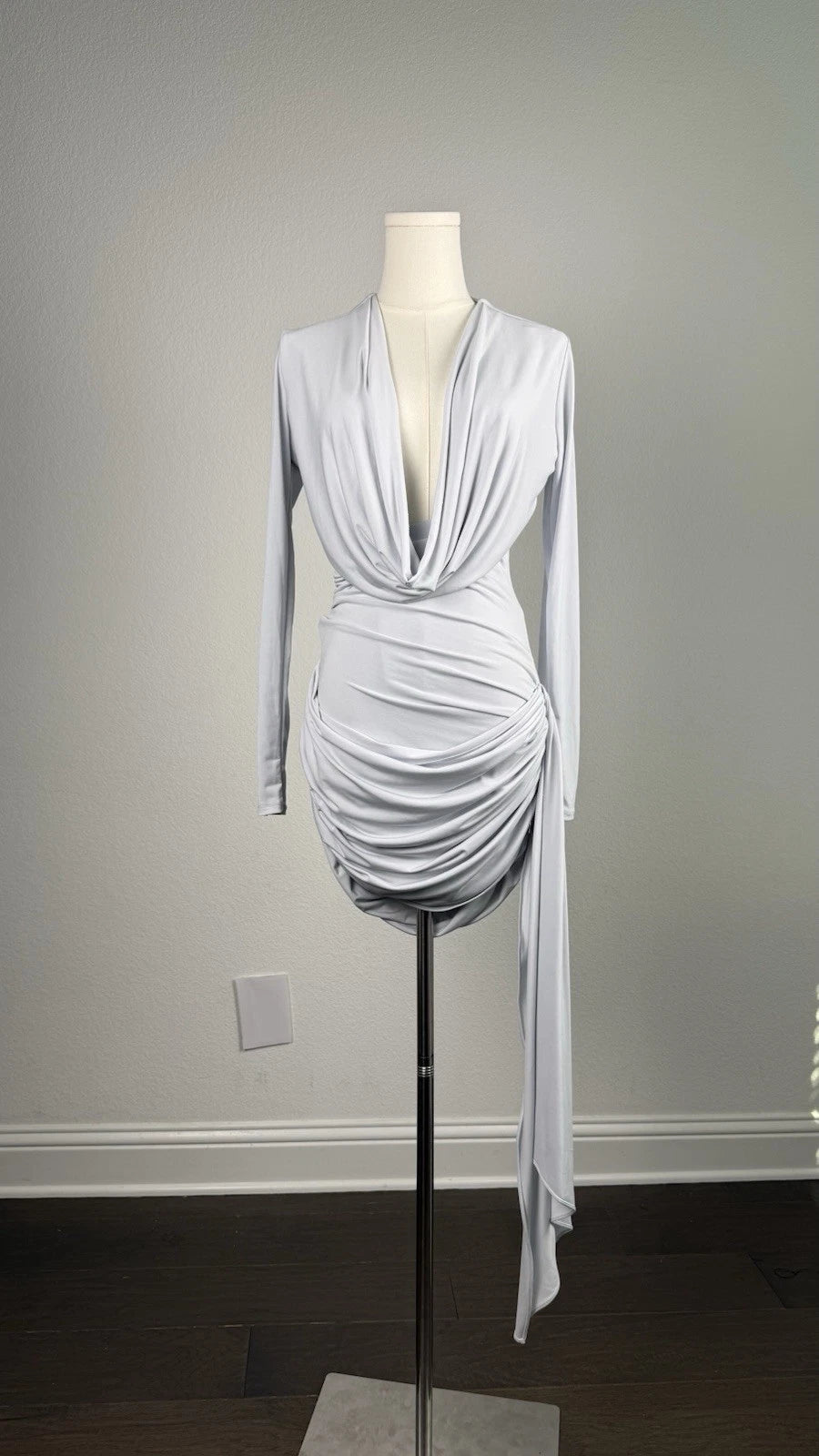 ZARA Light Gray Ruched Asymmetrical Tie V-Neck Bodycon Mini Dress Size S