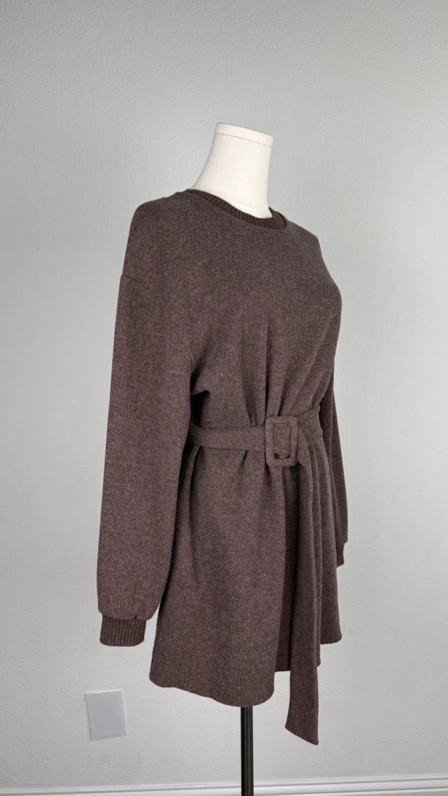 ZARA Women’s Brown Knit Sweater Dress Short Crew Neck Long Sleeve Belted L