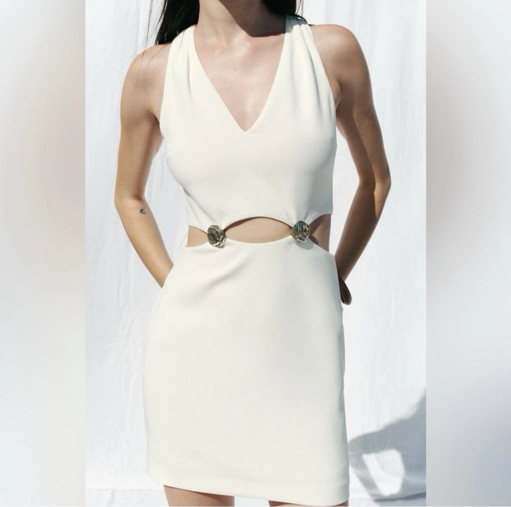 ZARA Cut Out Mini Dress Ecru White Gold Hardware Size M NWT